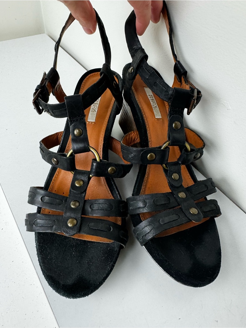 GEOX size 6.5 Black Wedge Women's Sandals